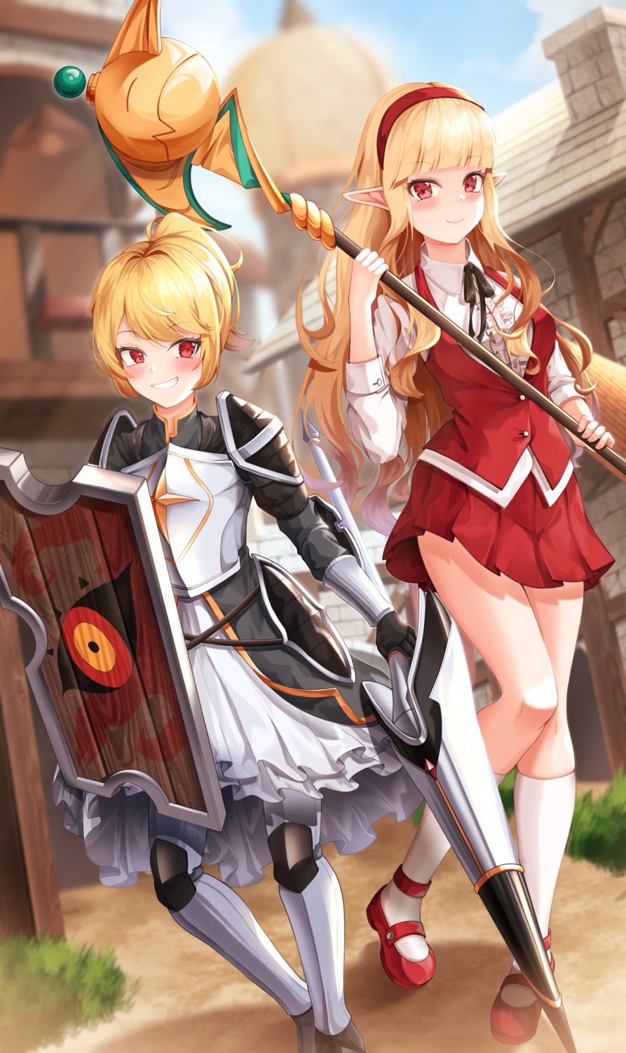 armor pointy_ears skirt_lift weapon