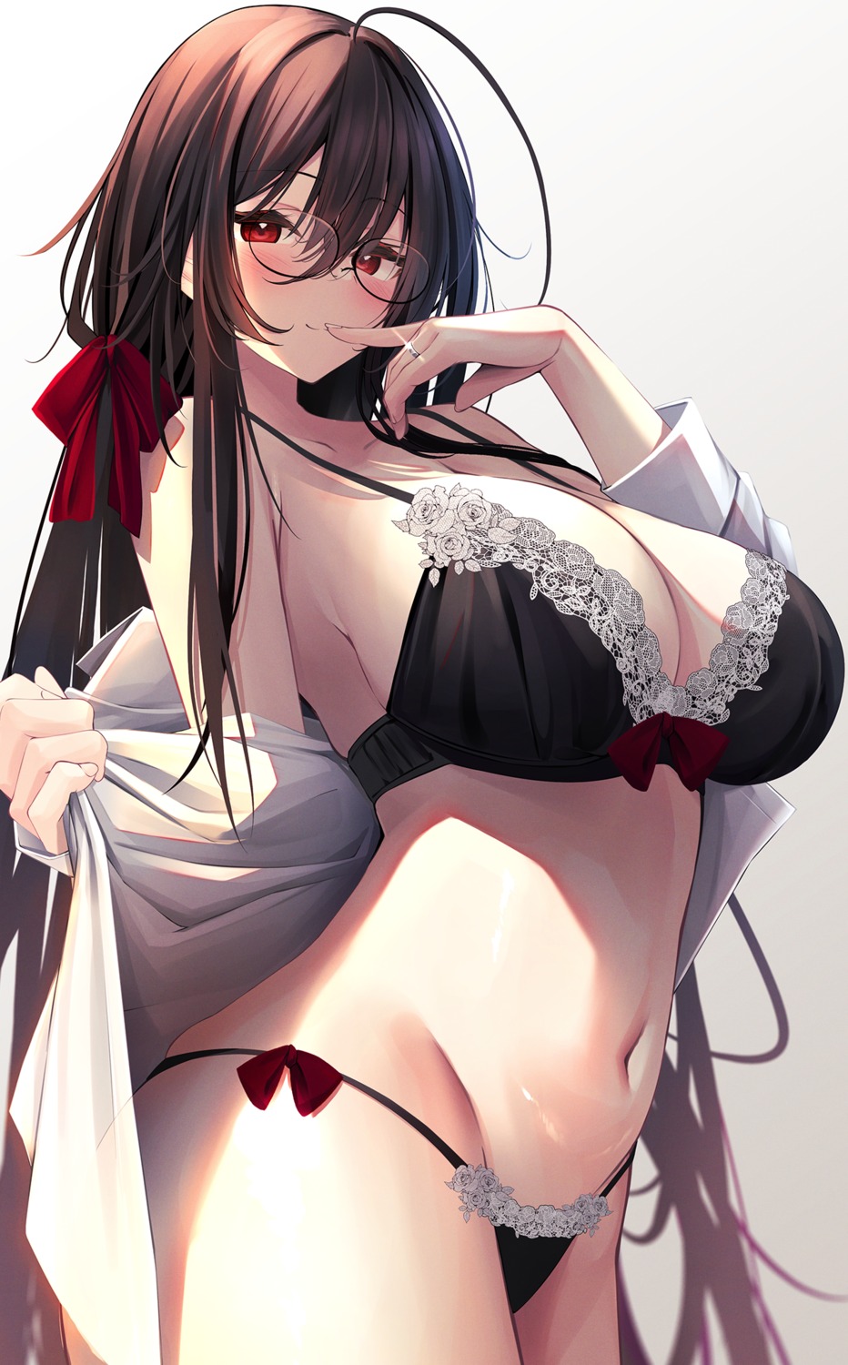 azur_lane bra dress_shirt megane mutsumi_nemuru open_shirt pantsu string_panties taihou_(azur_lane) undressing