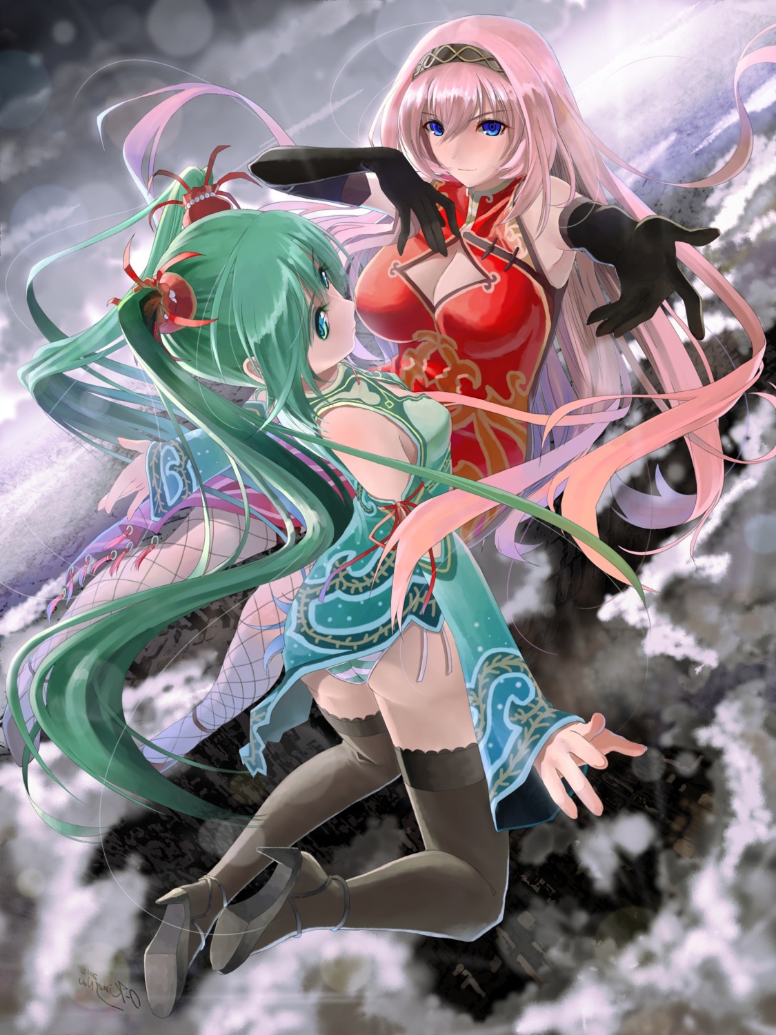 chinadress cleavage hatsune_miku megurine_luka okingjo pantsu shimapan string_panties thighhighs vocaloid