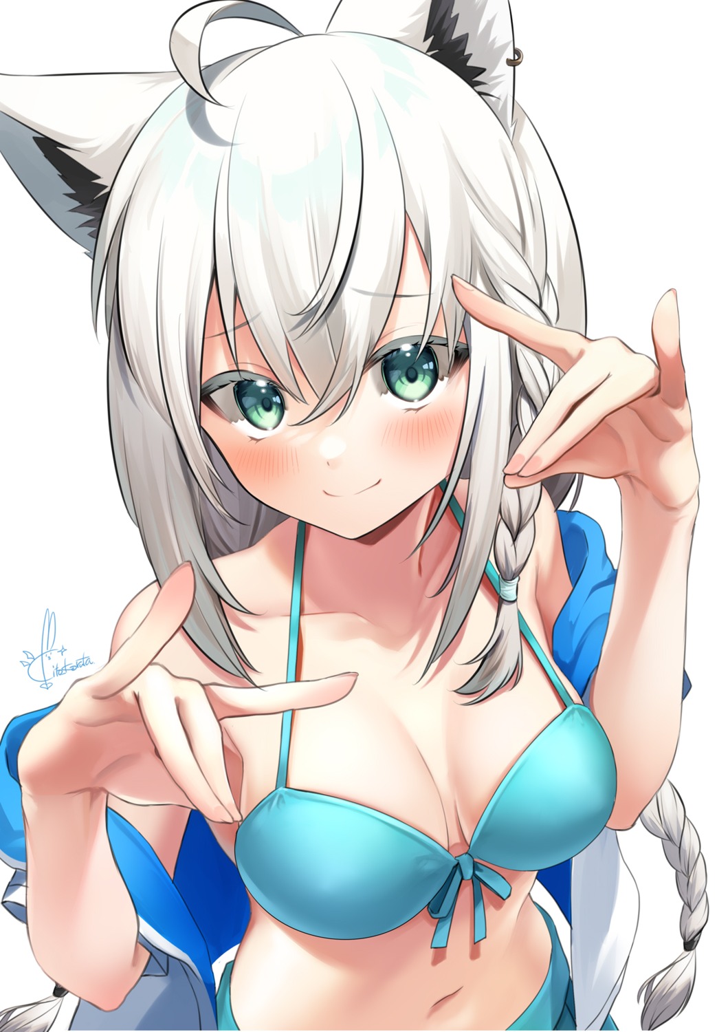 animal_ears bikini hololive hololive_gamers kito_koruta kitsune open_shirt shirakami_fubuki swimsuits