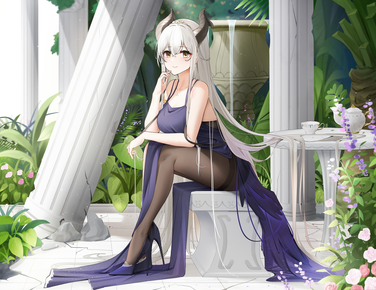 dress heels horns no_bra pantyhose qing_wu