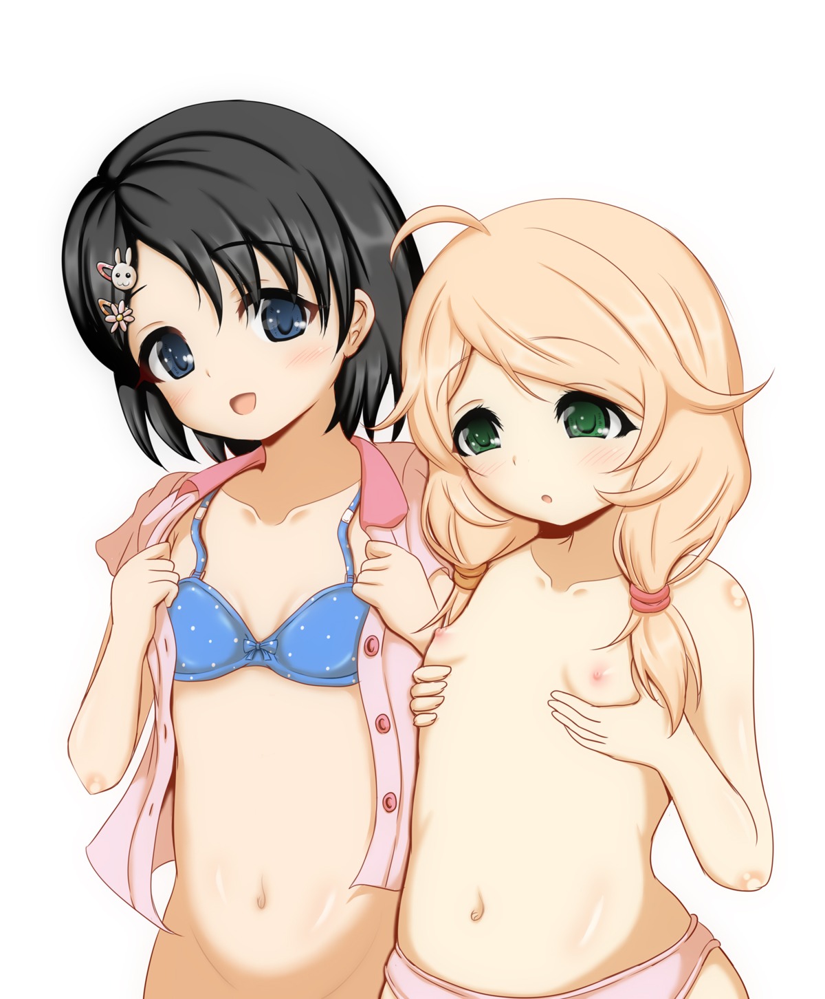 bottomless bra breast_grab hosizora_mikoto loli nipples open_shirt pantsu sasaki_chie the_idolm@ster the_idolm@ster_cinderella_girls the_idolm@ster_cinderella_girls_u149 topless undressing yusa_kozue