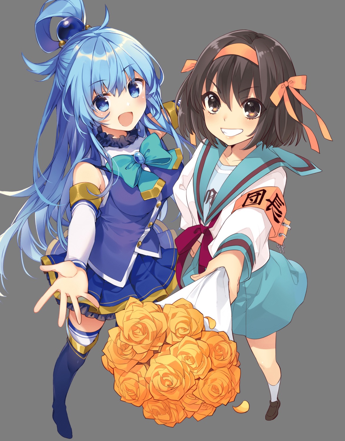 aqua_(konosuba) crossover ito_noizi kono_subarashii_sekai_ni_shukufuku_wo! mishima_kurone seifuku suzumiya_haruhi suzumiya_haruhi_no_yuuutsu thighhighs transparent_png