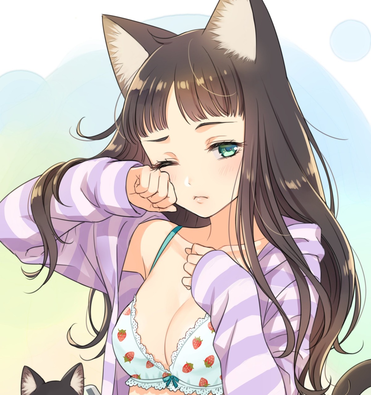 animal_ears bra morikura_en neko nekomimi open_shirt pajama tail