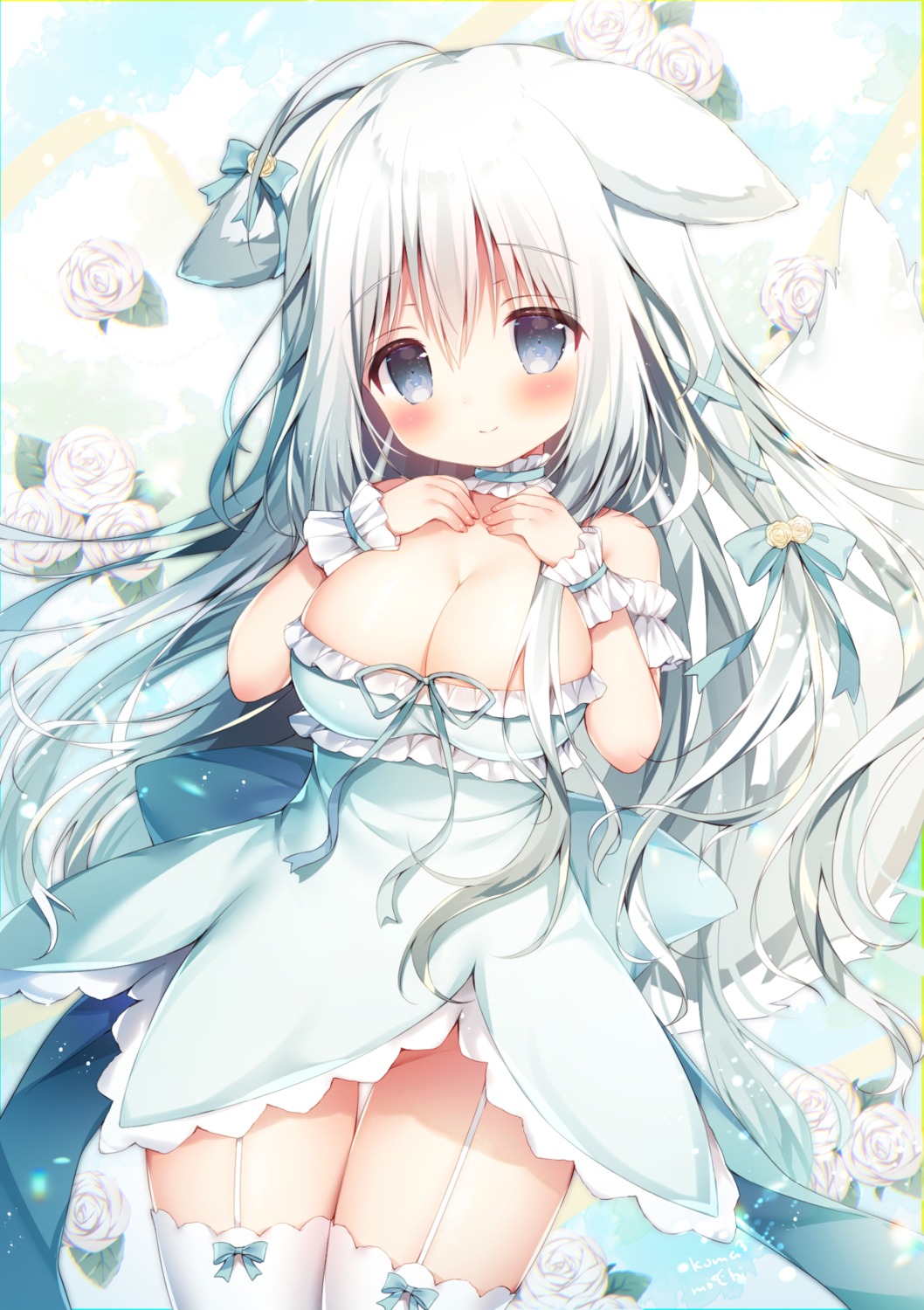 animal_ears dress momozu_komamochi no_bra stockings tail thighhighs