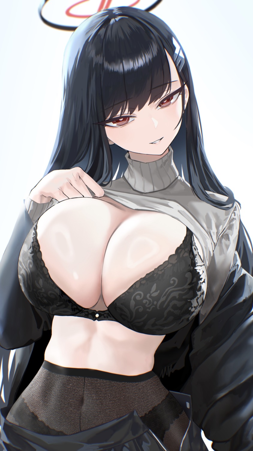 blue_archive bra halo kazane-wind pantsu pantyhose shirt_lift sweater tsukatsuki_rio undressing