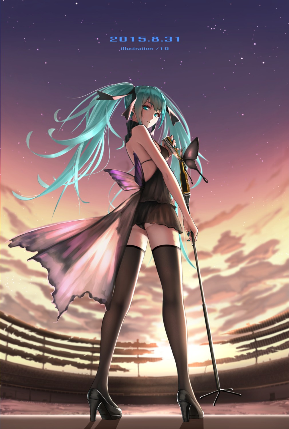 hatsune_miku heels no_bra pantsu shijiu_(adamhutt) thighhighs vocaloid