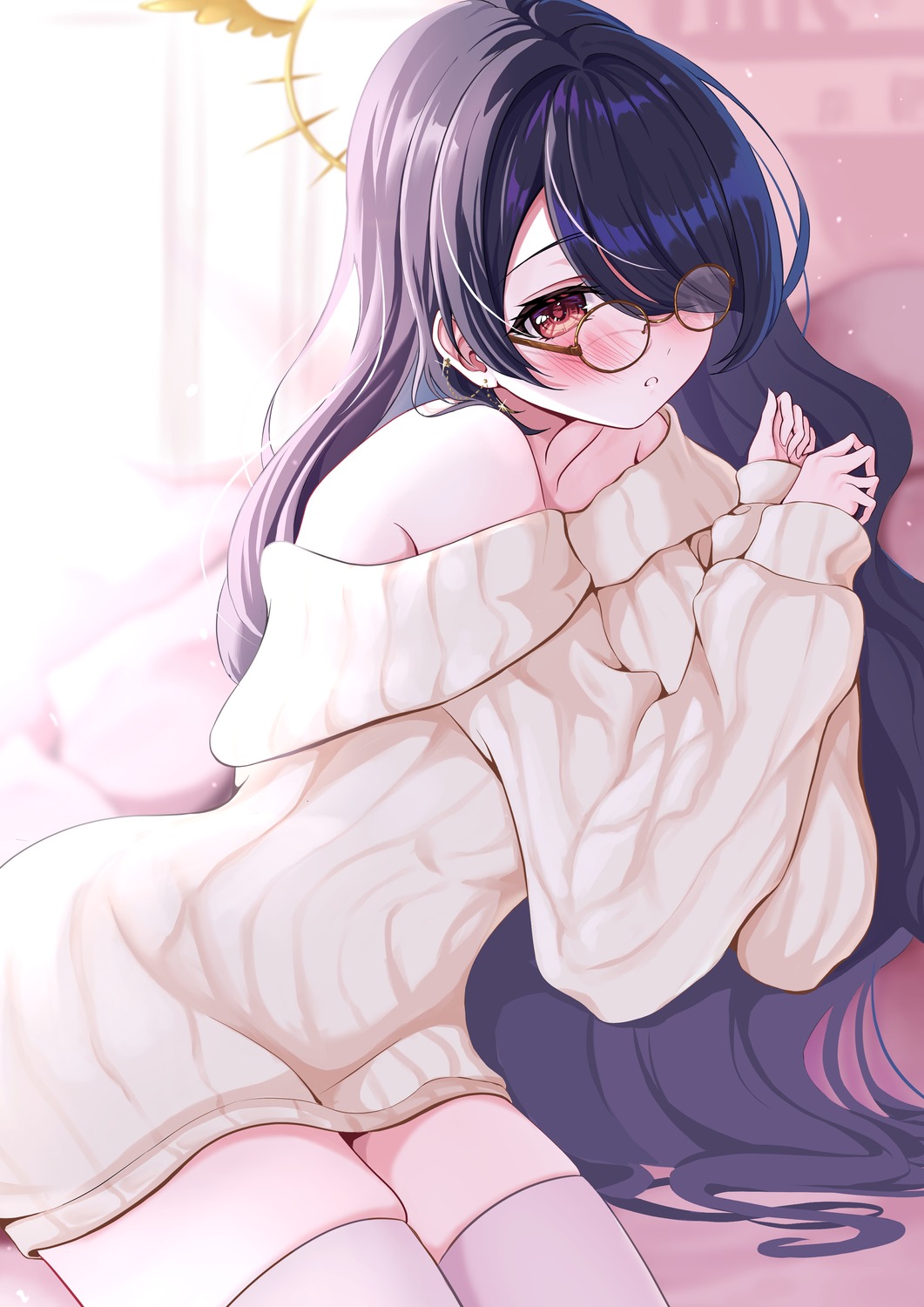 blue_archive dress halo megane sweater tarakopng thighhighs wakaba_hinata_(blue_archive)