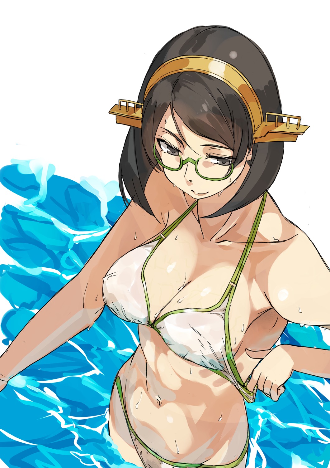 bikini burai_yuuki kantai_collection kirishima_(kancolle) megane see_through swimsuits wet wet_clothes