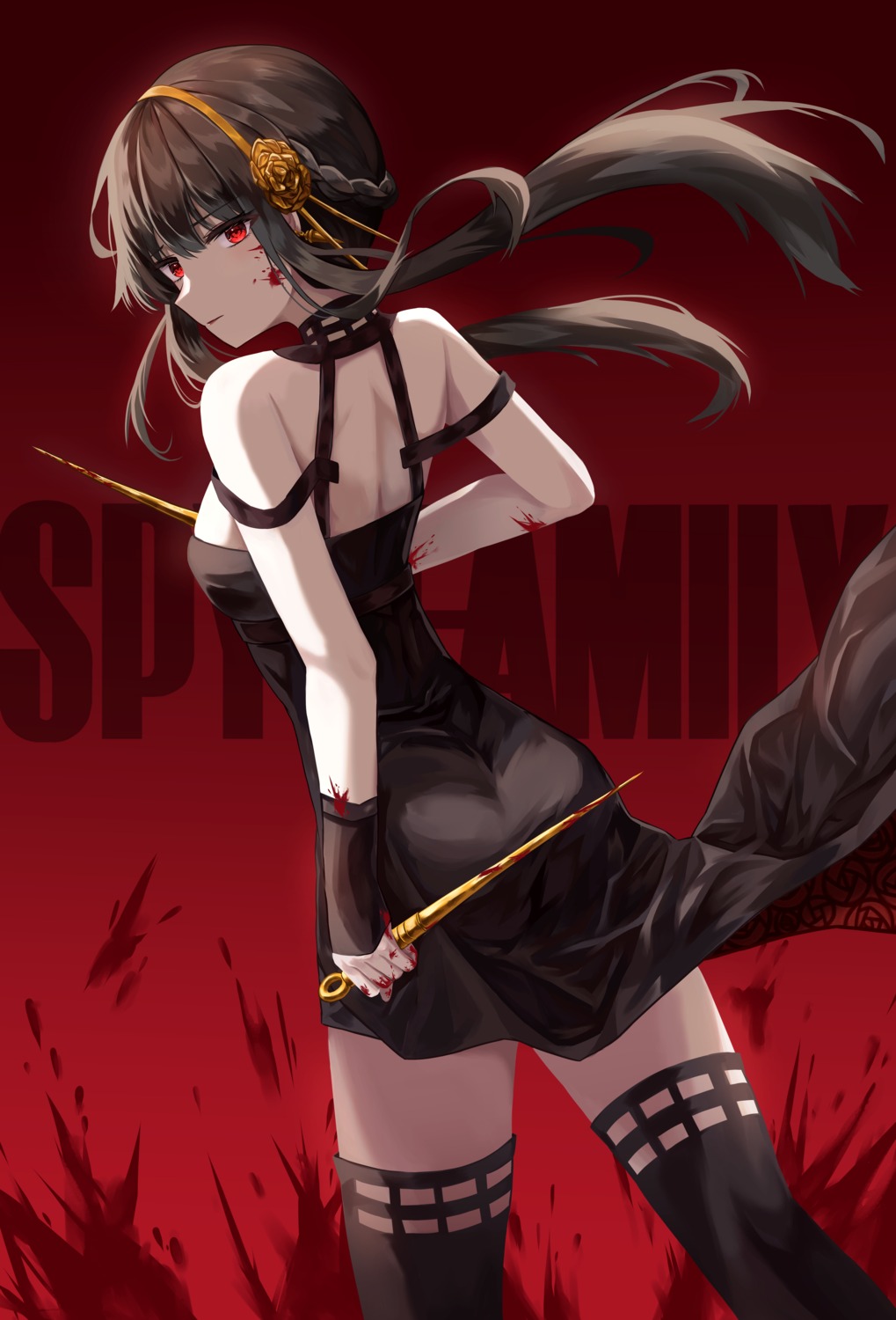 ass blood dress hamu_(hvmzld123) no_bra spy_x_family thighhighs weapon yor_briar