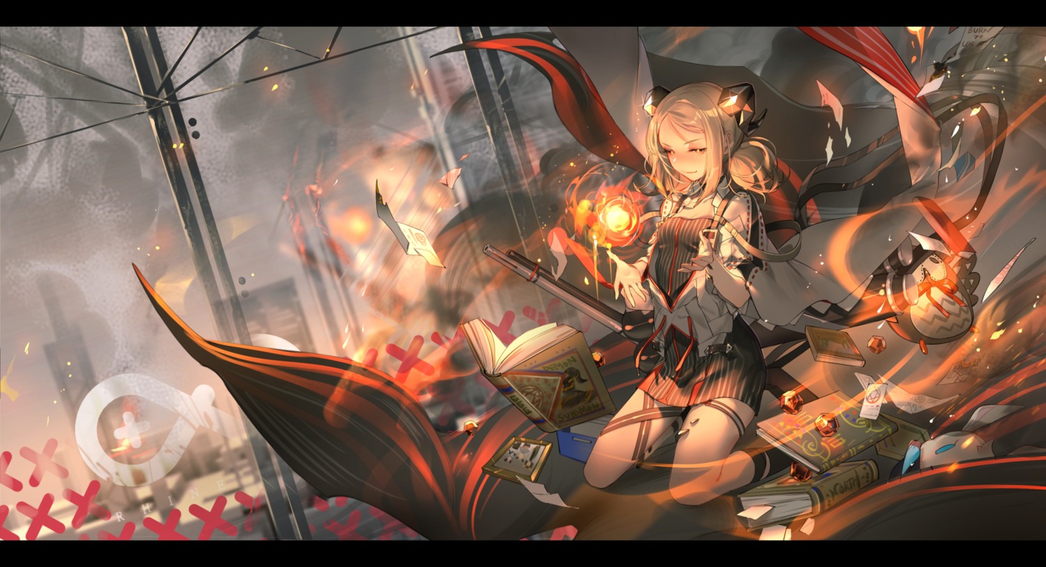 arknights cleavage dress garter horns ifrit_(arknights) lin_nulixiulian