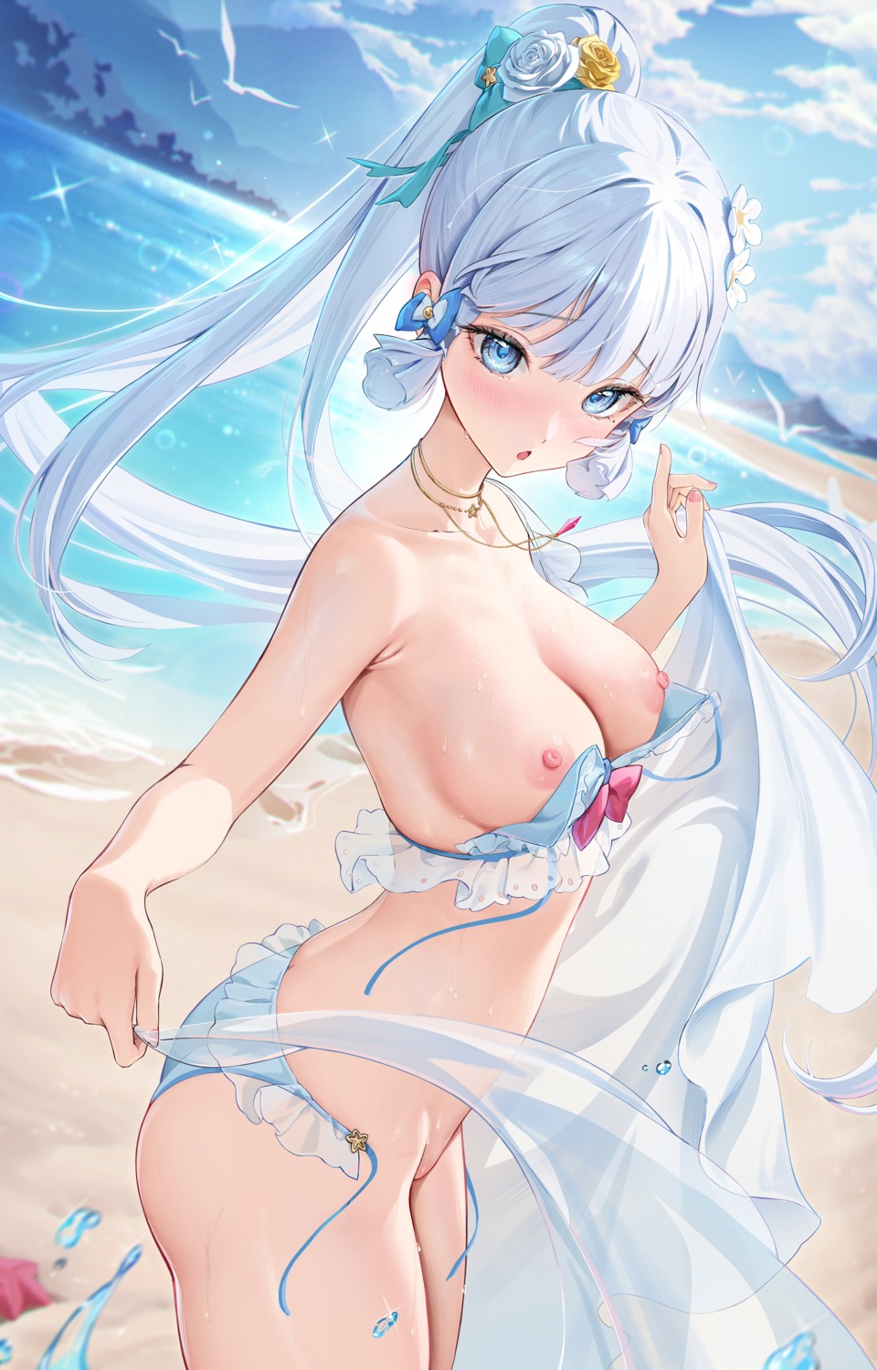 bikini breasts genshin_impact houkisei kamisato_ayaka nipples see_through swimsuits wardrobe_malfunction wet