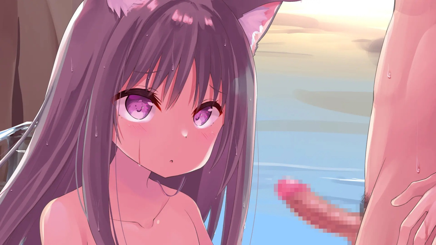 animal_ears censored kitsune no_bra penis tenjou_ryuka wallpaper wet