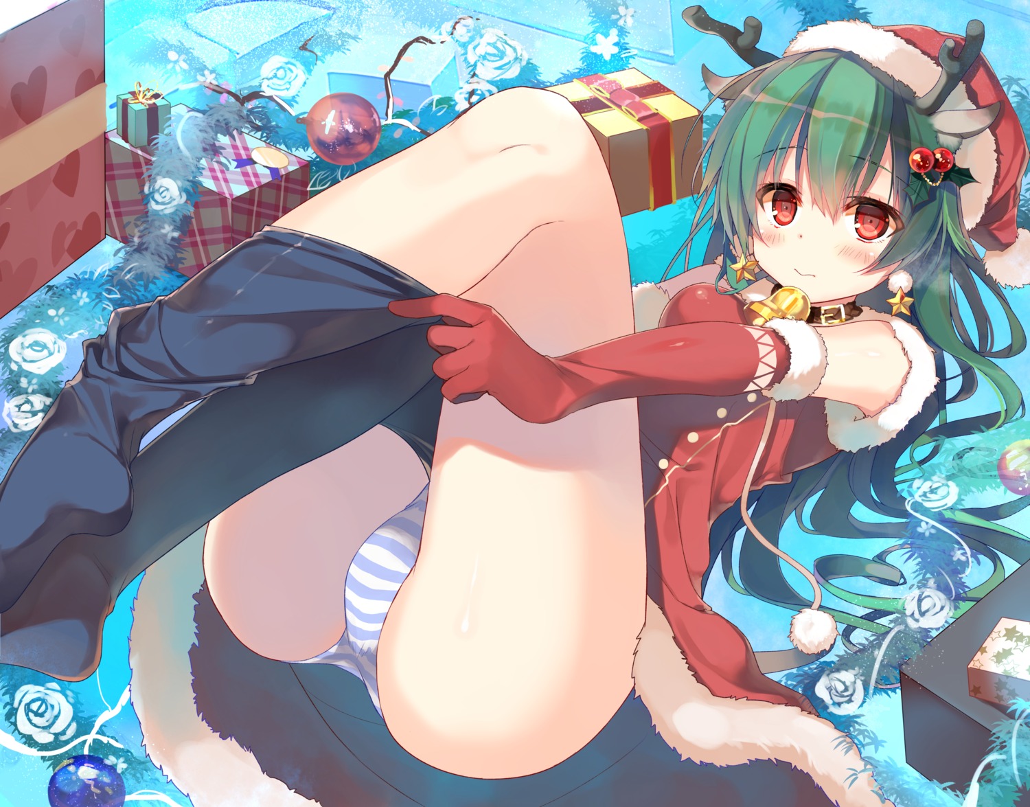 animal_ears christmas dress feet hisaka_hazara horns pantsu shimapan thighhighs