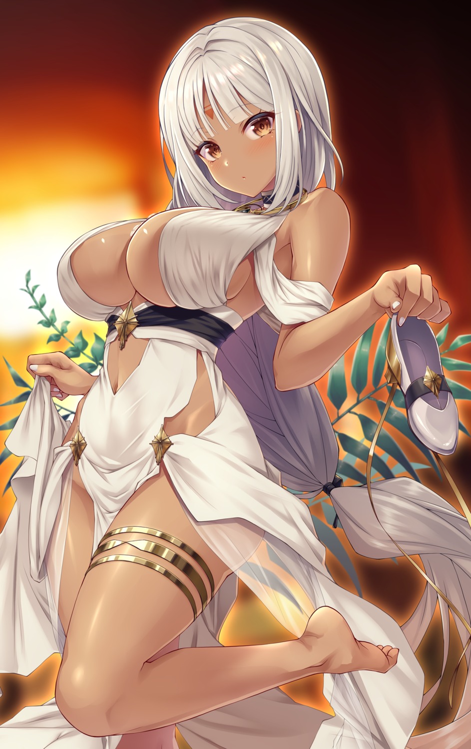 azur_lane cleavage dress emanon_123 garter heels massachusetts_(azur_lane) no_bra see_through skirt_lift tattoo