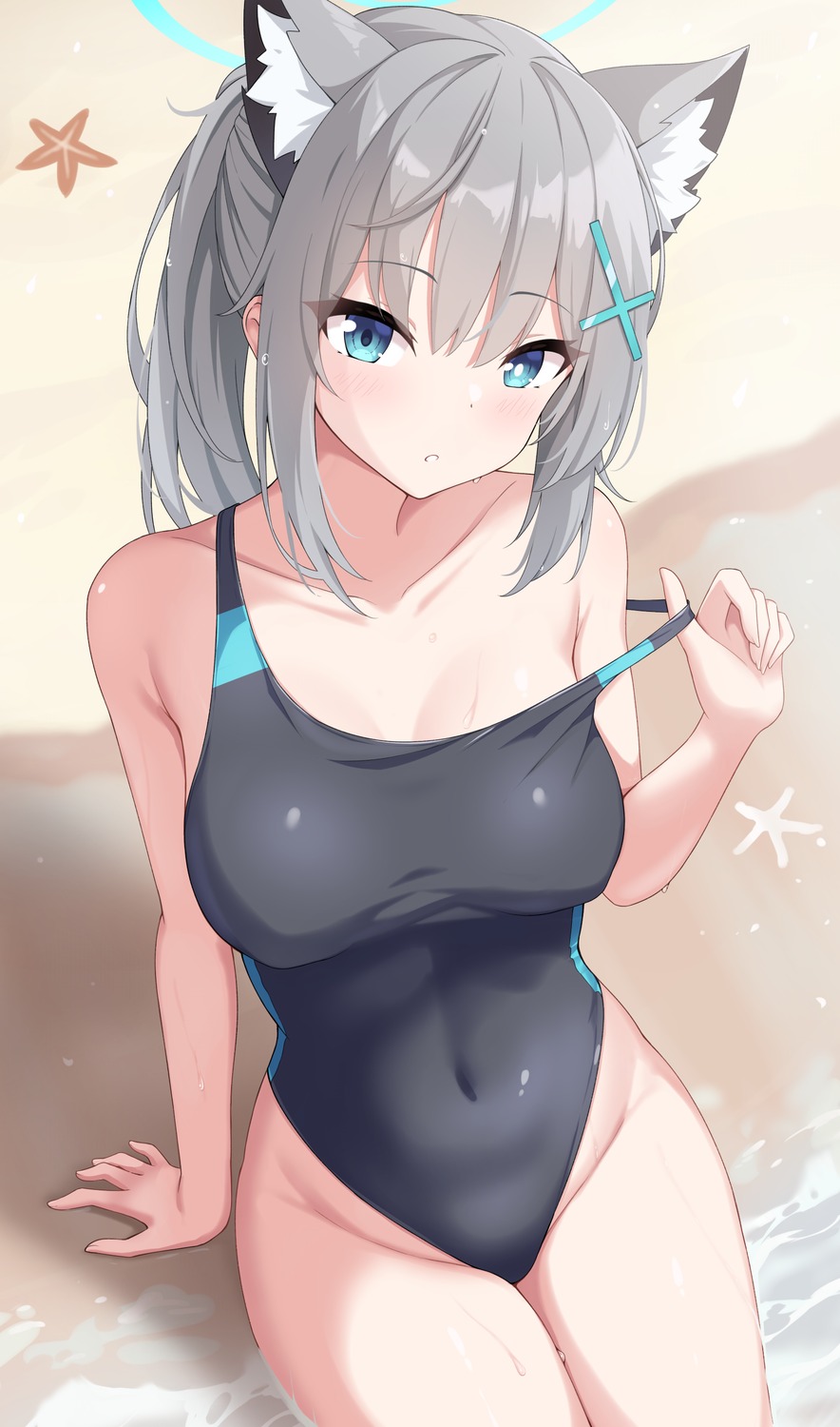 animal_ears blue_archive enru halo nekomimi sunaookami_shiroko swimsuits undressing wet