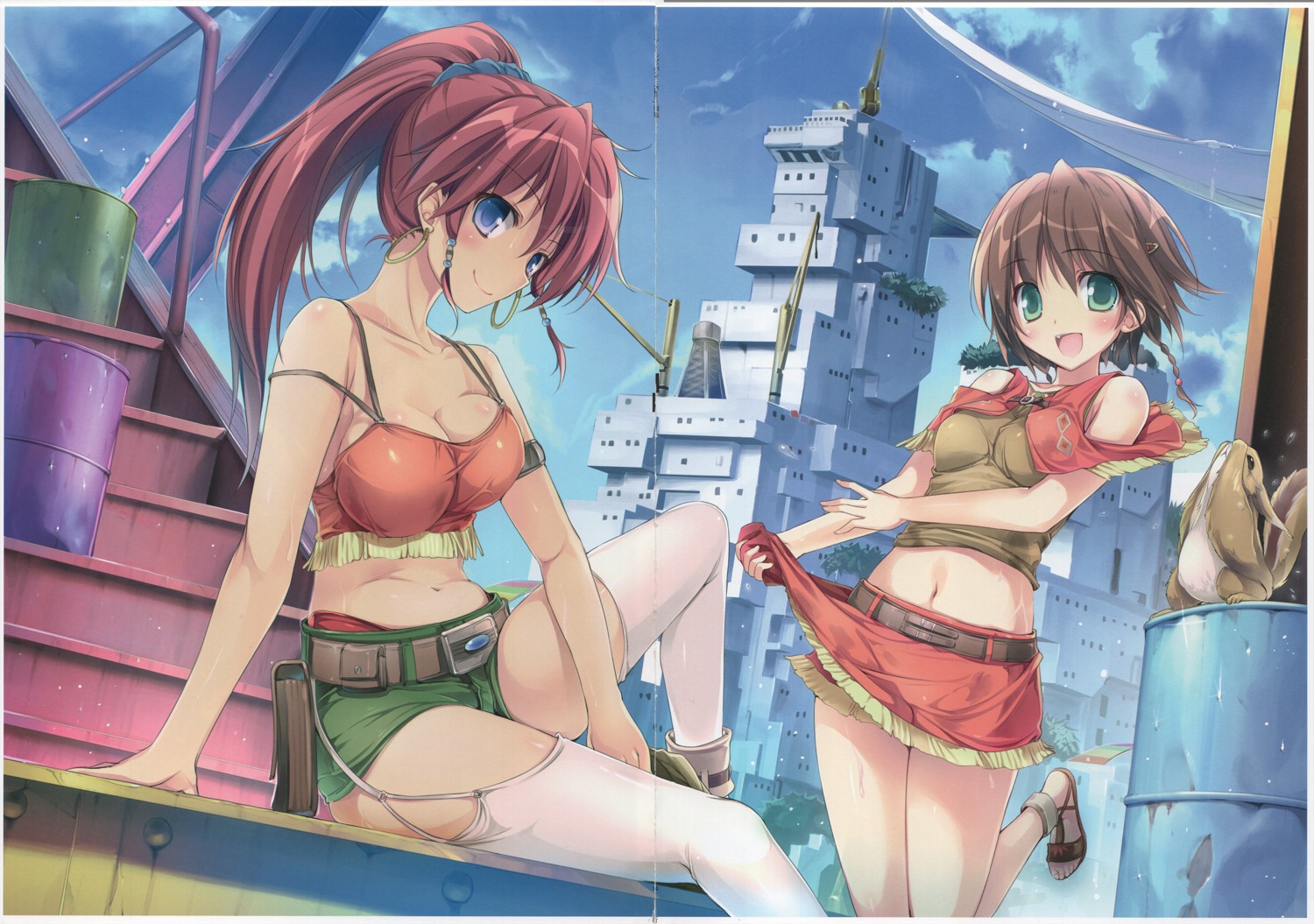 amy_(gargantia) bellows grace_(gargantia) karory no_bra raw_scan skirt_lift stockings suisei_no_gargantia thighhighs wet