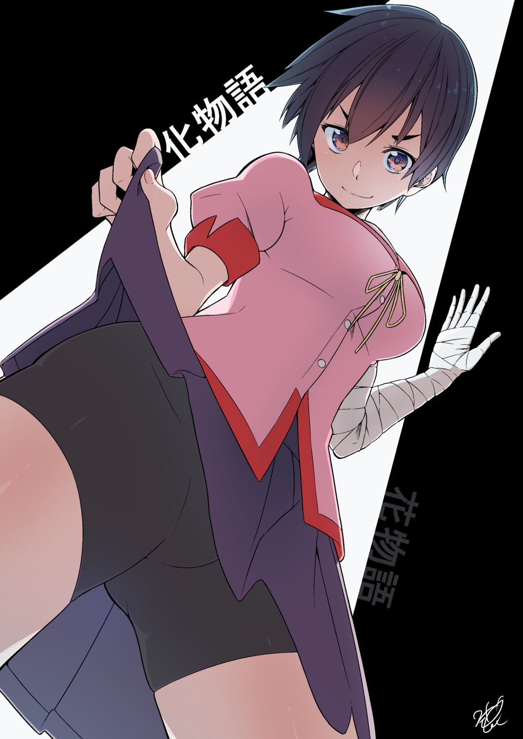 bakemonogatari bandages bike_shorts futatsuki_kouta hanamonogatari kanbaru_suruga seifuku skirt_lift