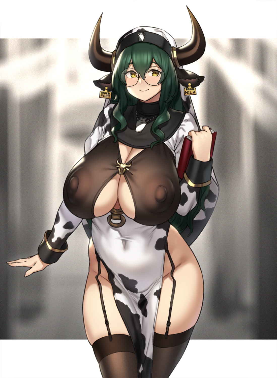 animal_ears erect_nipples horns houtengeki megane no_bra nopan nun see_through stockings thighhighs