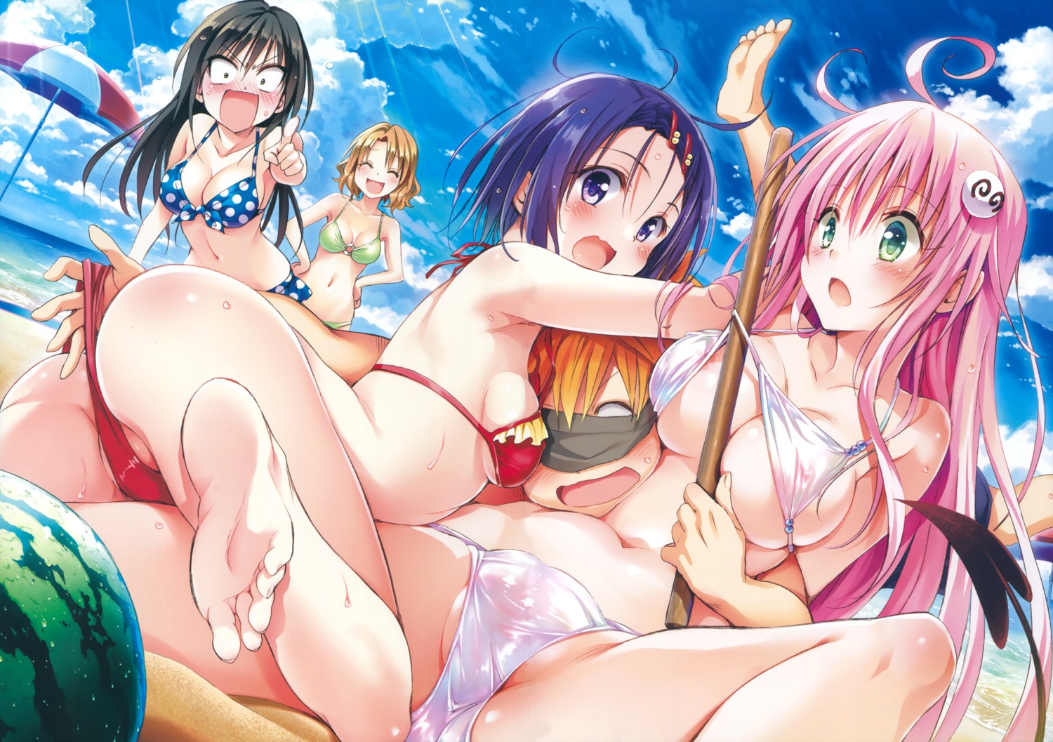 ass bikini cleavage erect_nipples feet fixed kotegawa_yui lala_satalin_deviluke momioka_risa panty_pull sairenji_haruna swimsuits tail to_love_ru to_love_ru_darkness underboob wardrobe_malfunction yabuki_kentarou yuuki_rito