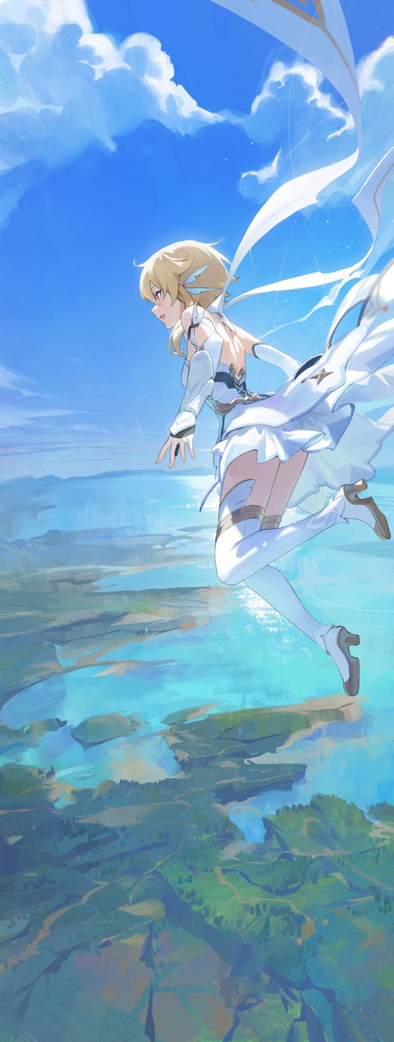 dress genshin_impact heels landscape lumine mossi no_bra skirt_lift thighhighs