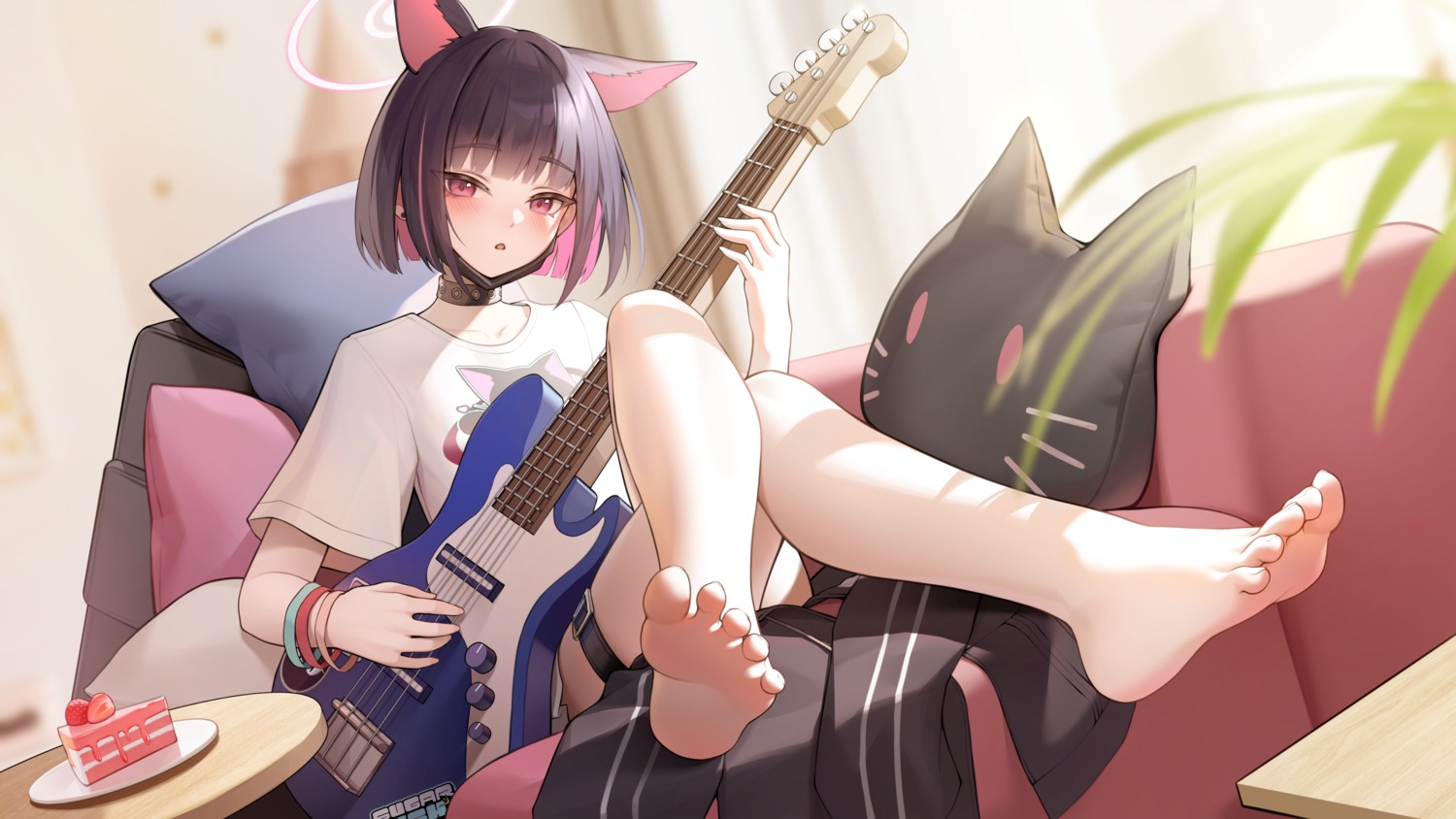 animal_ears blue_archive feet garter guitar halo kyouyama_kazusa nekomimi risa_(pixiv23908854) seifuku uniform