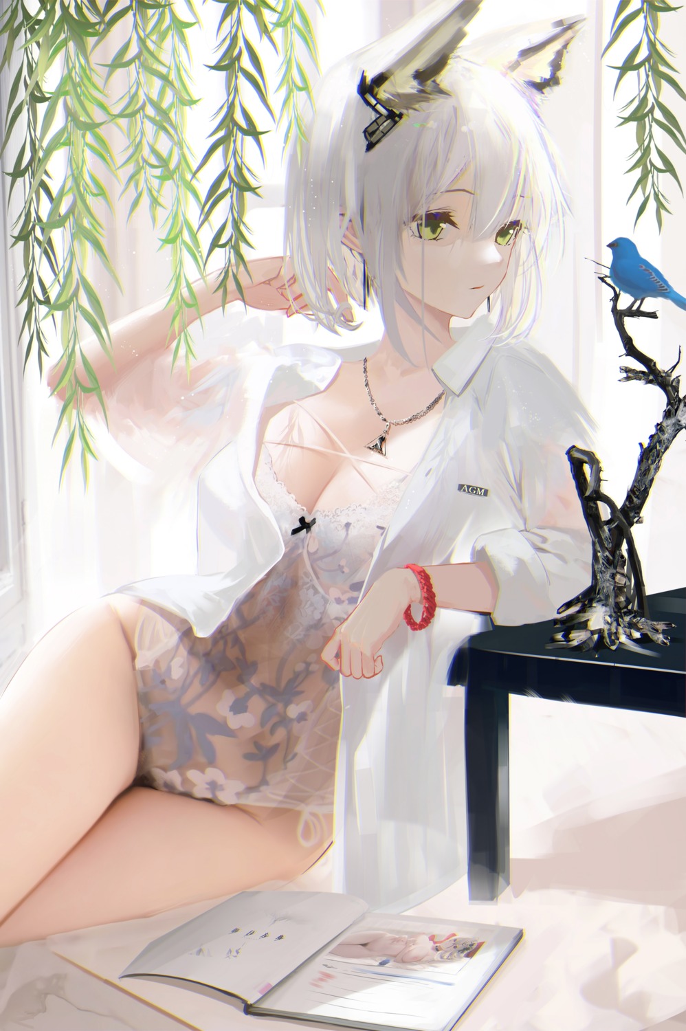 animal_ears arknights dress_shirt kal'tsit_(arknights) leotard lingerie omone_hokoma_agm pubic_hair see_through