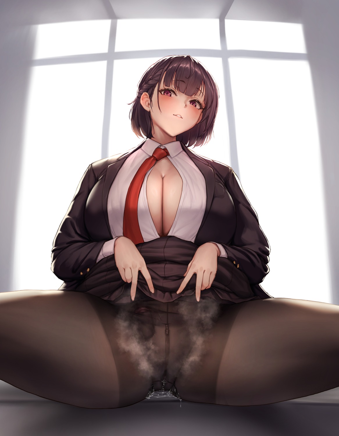 cleavage jinmeii no_bra open_shirt pantyhose pee seifuku skirt_lift