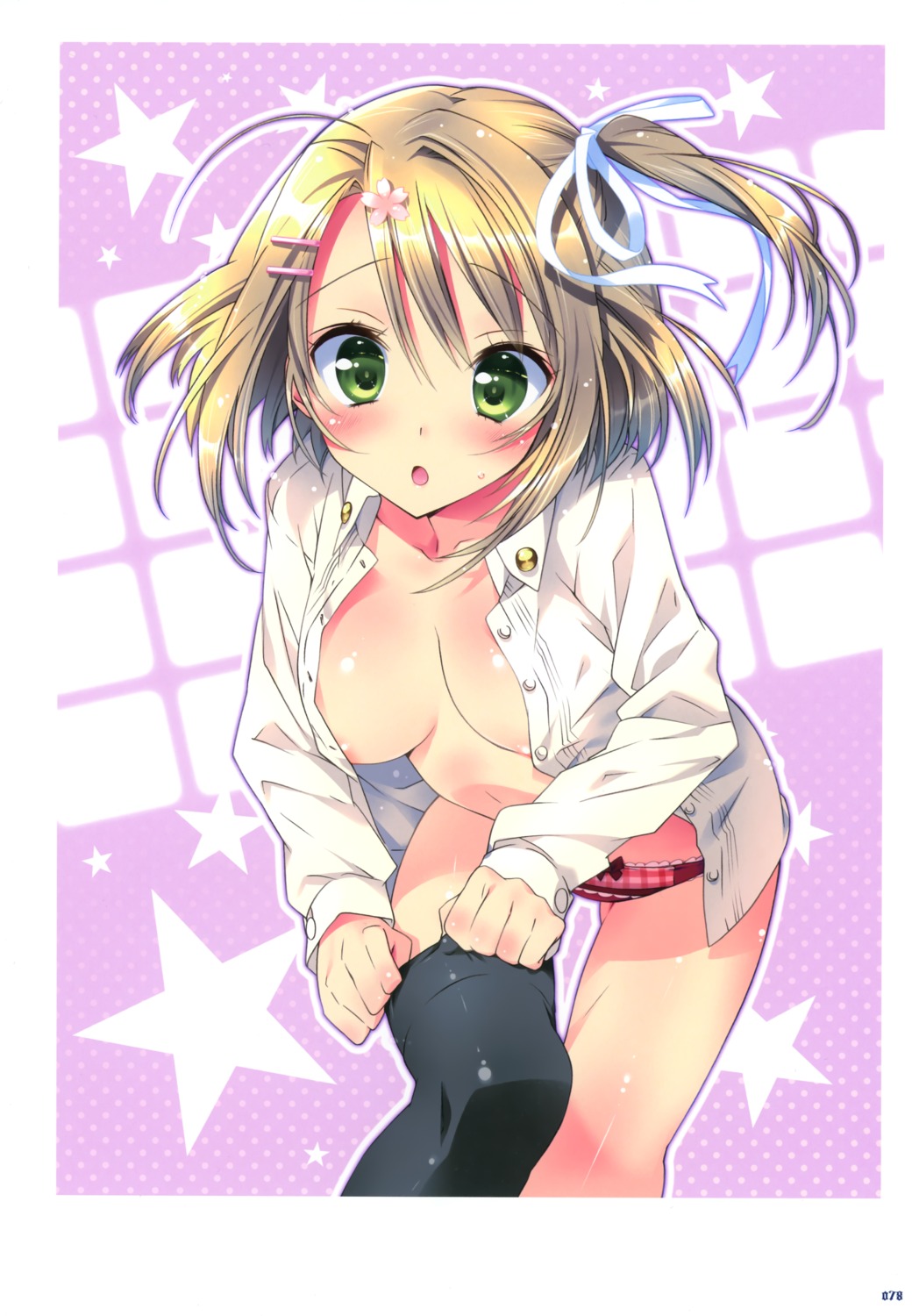 areola kamiya_maneki no_bra open_shirt pantsu relations._sister_x_sister. thighhighs undressing