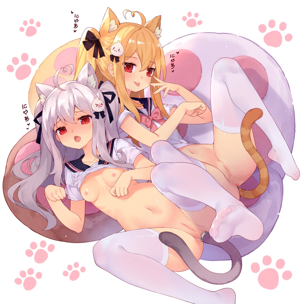 anal animal_ears bottomless breasts feet nekomimi niliu_chahui nipples no_bra pussy seifuku shirt_lift tail thighhighs tokisaki_asaba tokisaki_mio tsubasa_tsubasa uncensored