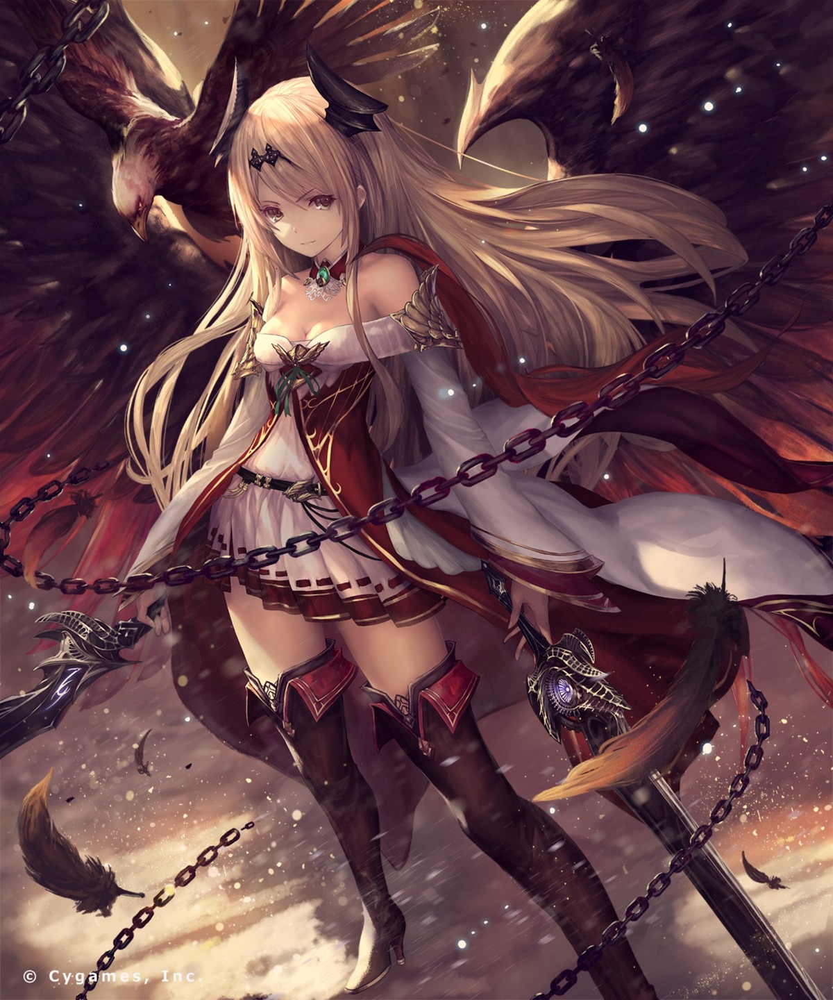 cleavage dark_angel_olivia dress granblue_fantasy heels horns shingeki_no_bahamut sword tachikawa_mushimaro thighhighs wings