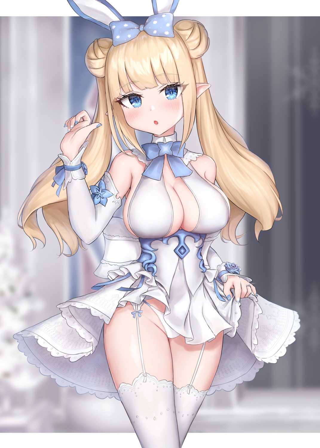 animal_ears bunny_ears cleavage mabinogi nezumi7983 no_bra pantsu pointy_ears skirt_lift stockings thighhighs