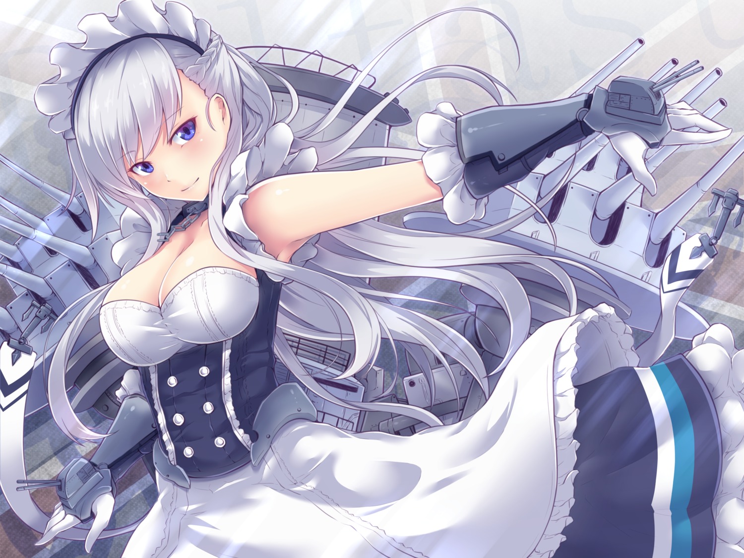 armor azur_lane belfast_(azur_lane) cleavage maid skirt_lift twinameless weapon