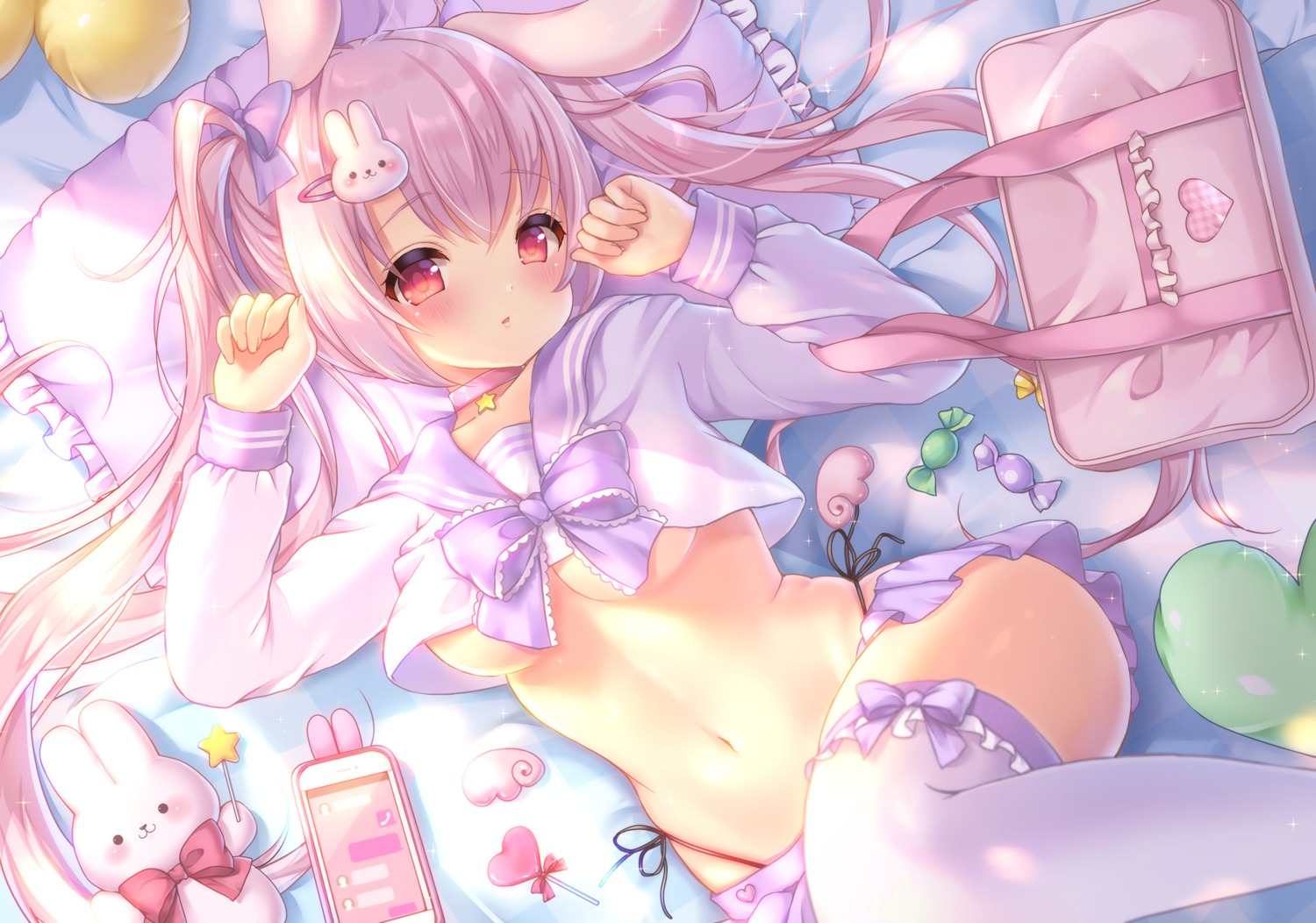 animal_ears bunny_ears no_bra pantsu seifuku string_panties thighhighs underboob yuyuko_(yuyucocco)