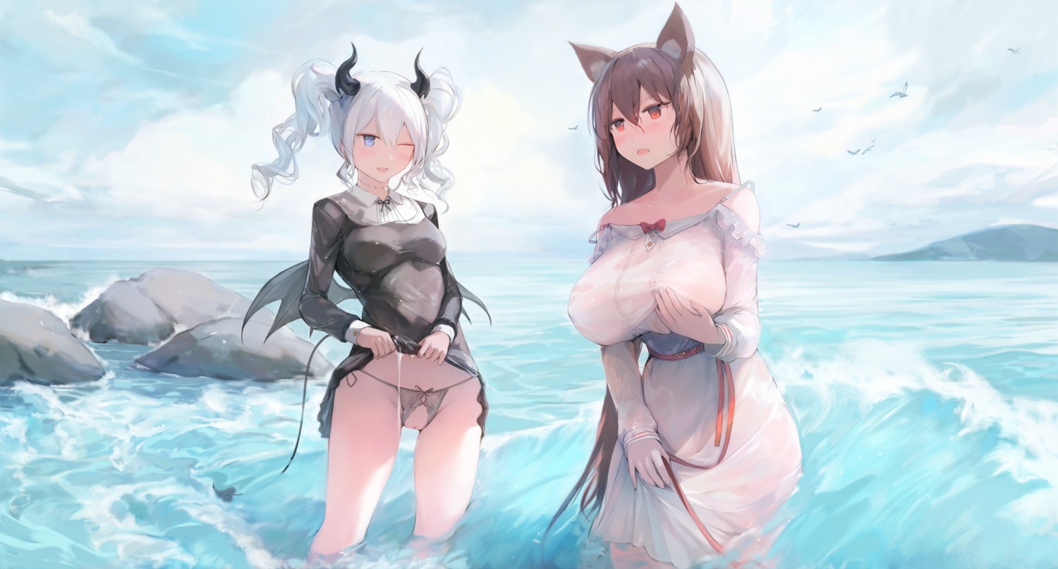 animal_ears breast_hold dress horns kurohanya niliu_chahui no_bra pantsu pussy see_through shione skirt_lift string_panties tail thong wet wet_clothes wings