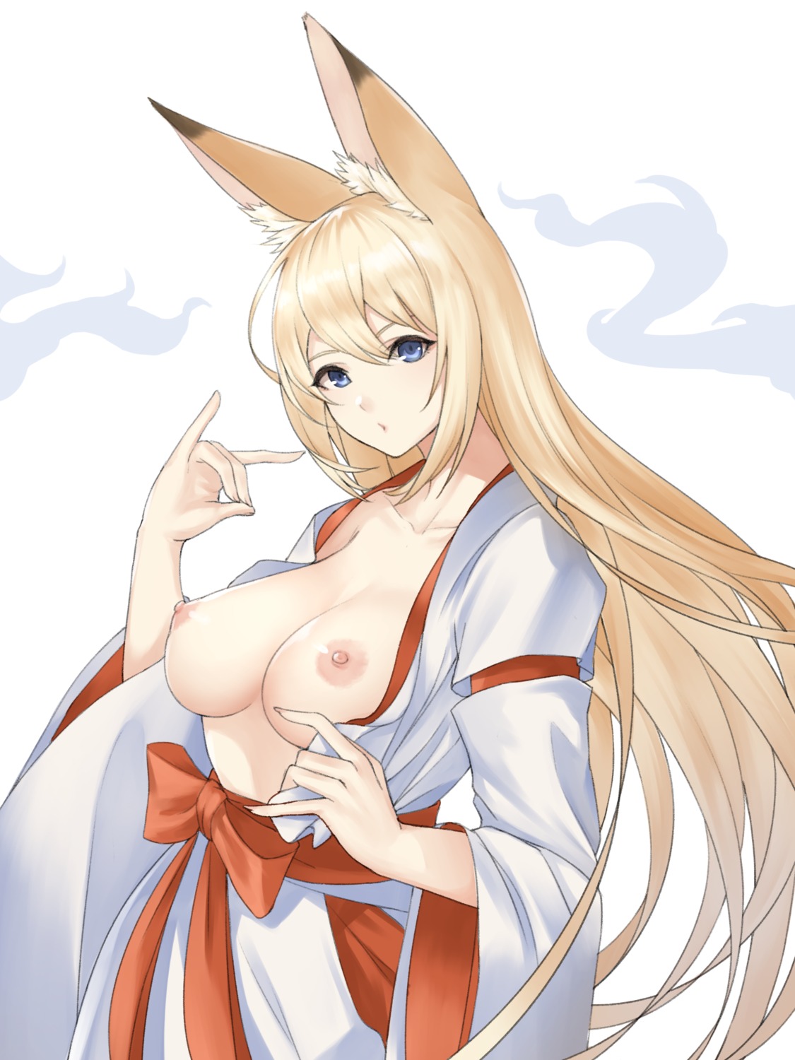 animal_ears breasts miko nipples no_bra nyatokanyaru open_shirt undressing