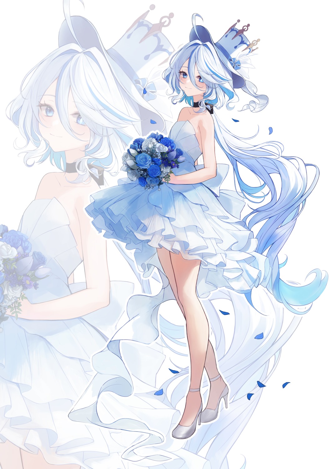 dress furina genshin_impact heels heterochromia no_bra wedding_dress yuna_(deadawon)