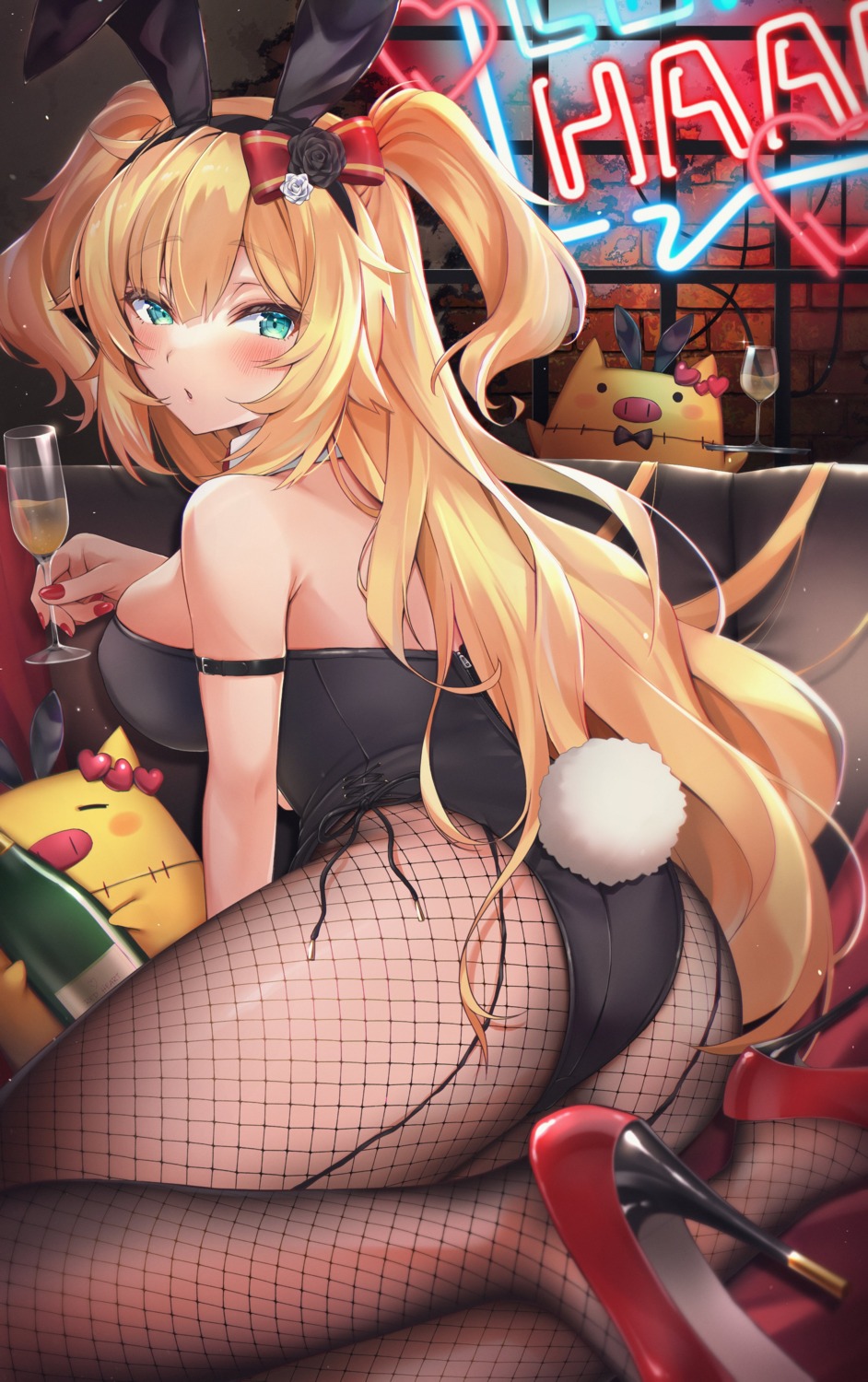 akai_haato animal_ears ass bunny_ears bunny_girl fishnets heels hololive makinan no_bra pantyhose tail