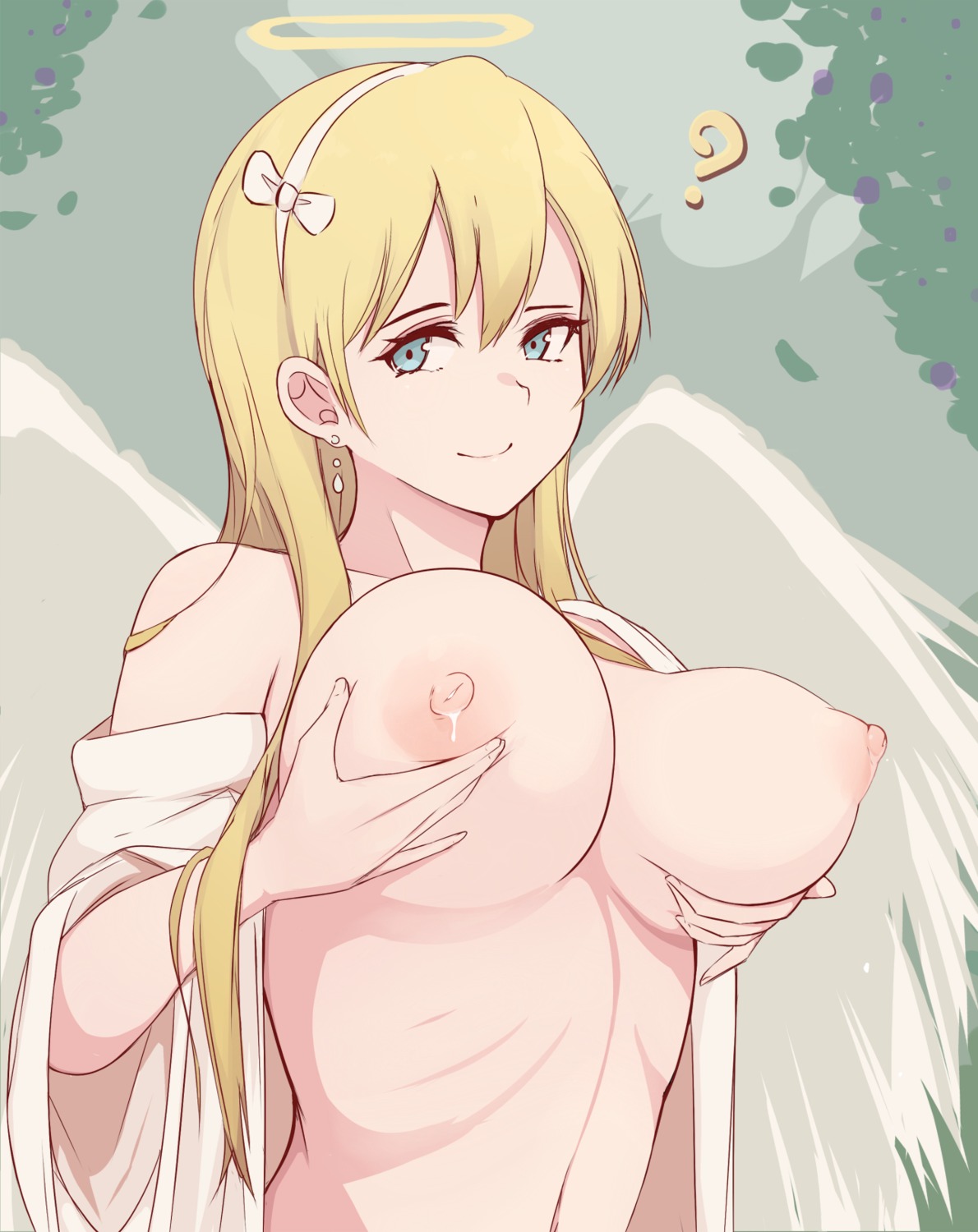 angel breast_grab breasts folait lactation nipples no_bra open_shirt wings