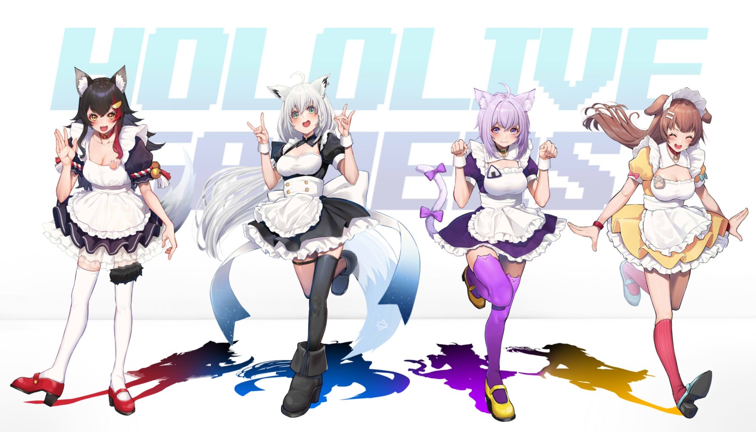 animal_ears cleavage garter heels hololive hololive_gamers inugami_korone inumimi kitsune maid mikan_(chipstar182) nekomata_okayu nekomimi ookami_mio see_through shirakami_fubuki skirt_lift tail thighhighs