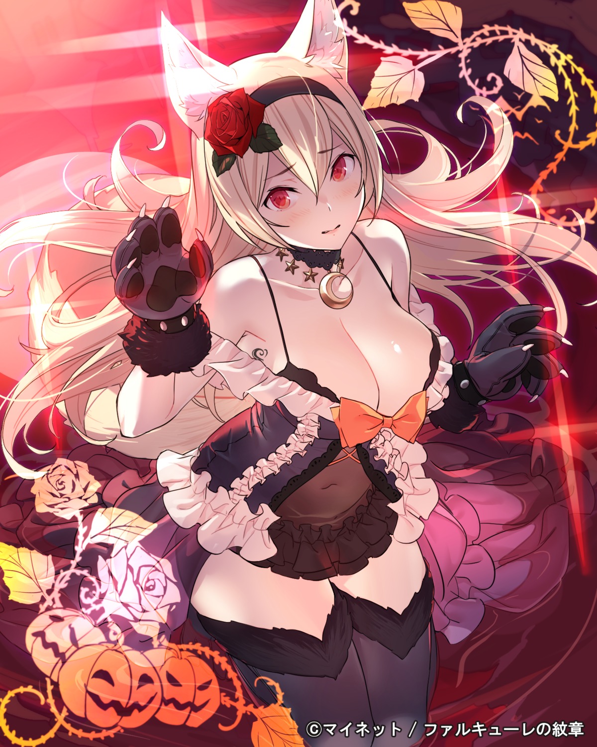 animal_ears bra falkyrie_no_monshou halloween kagetomo_midori open_shirt tail thighhighs