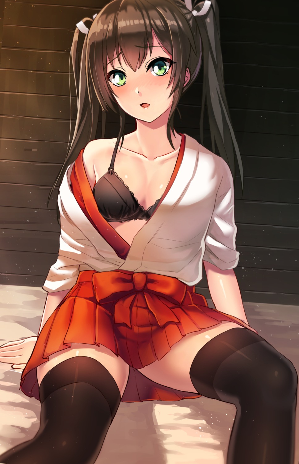 bra cleavage kantai_collection open_shirt thighhighs umiharu zuikaku_(kancolle)