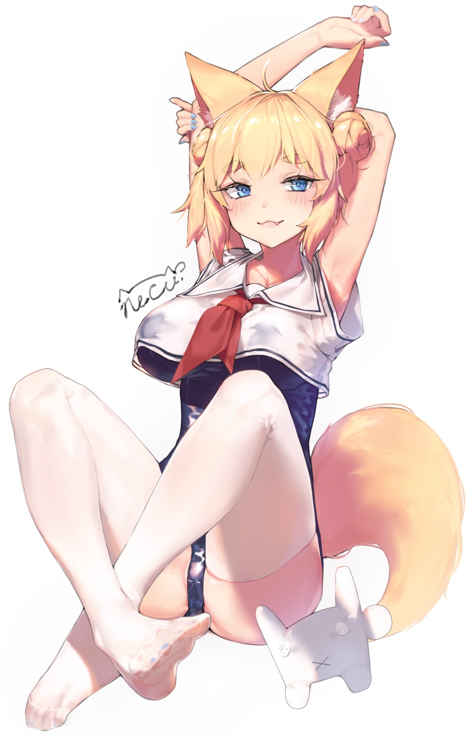 animal_ears feet kitsune neguri school_swimsuit see_through seifuku swimsuits tail thighhighs