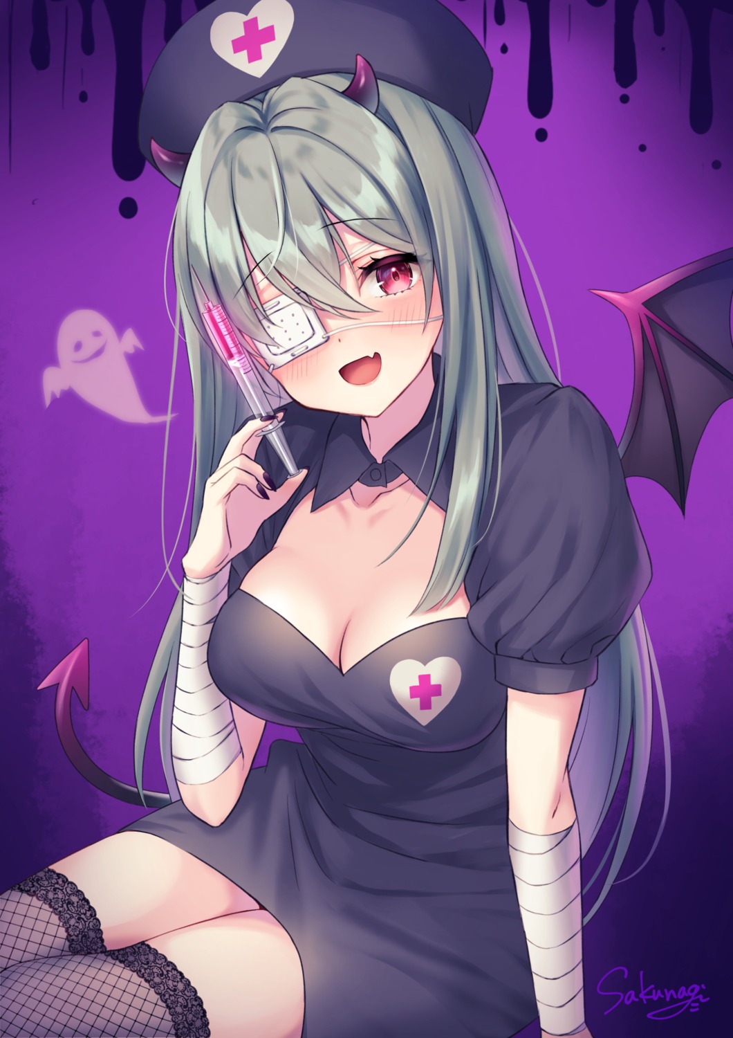 bandages cleavage eyepatch fishnets halloween horns nurse sakunagita tail thighhighs wings