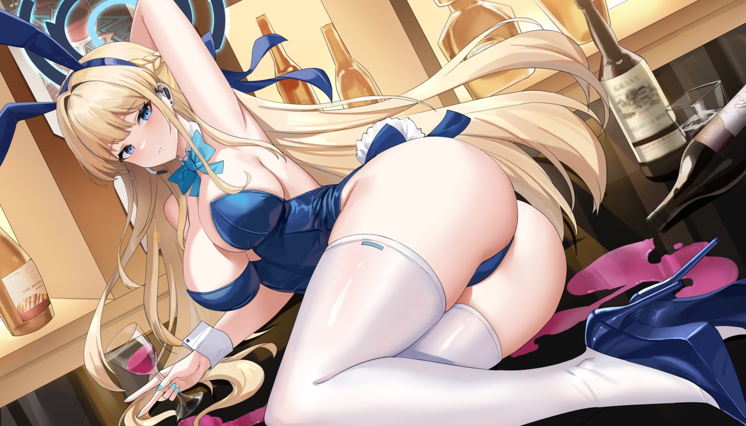 animal_ears asuma_toki asuo blue_archive bunny_ears bunny_girl halo heels no_bra tail thighhighs