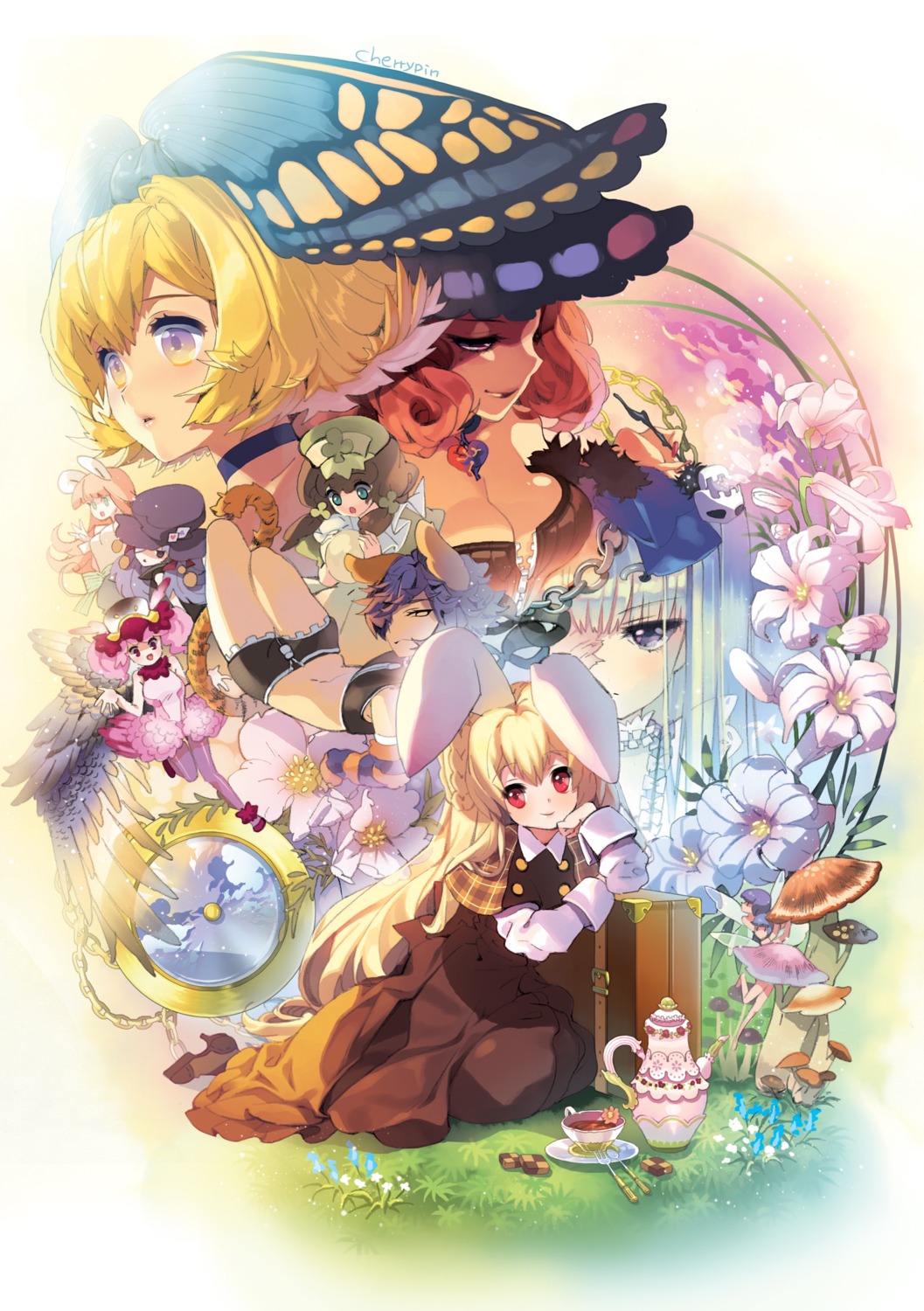alice_in_wonderland animal_ears bunny_ears cherrypin cheshire_cat cleavage dress march_hare