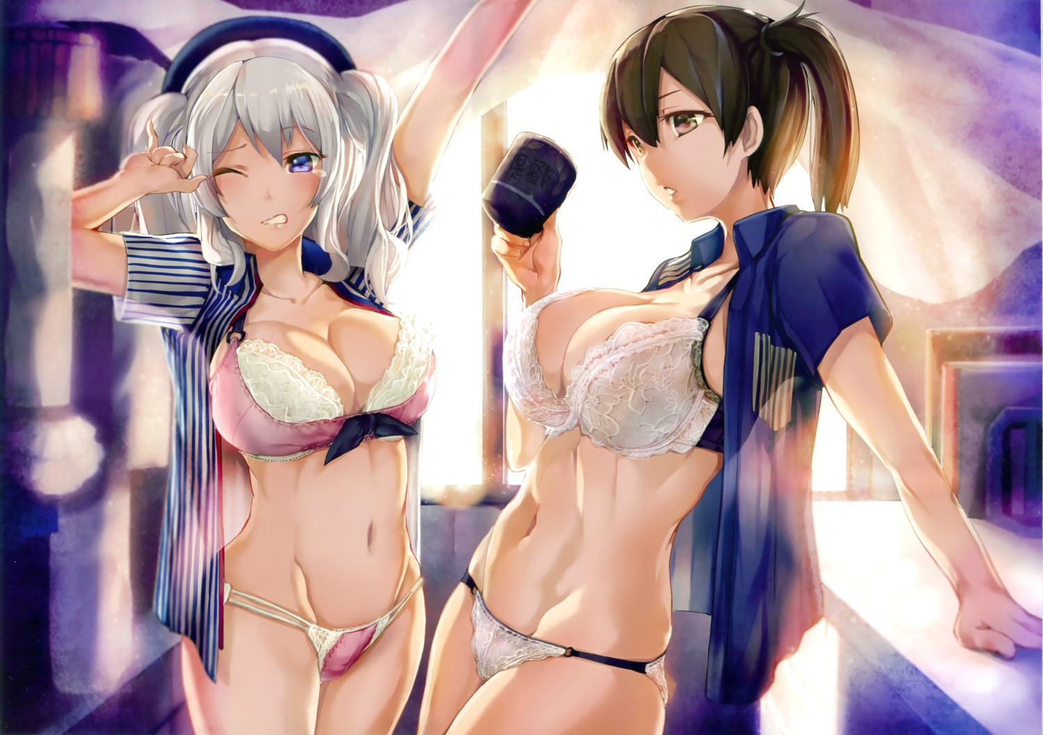 bra cleavage kaga_(kancolle) kantai_collection kashima_(kancolle) lawson open_shirt pantsu renji see_through uniform