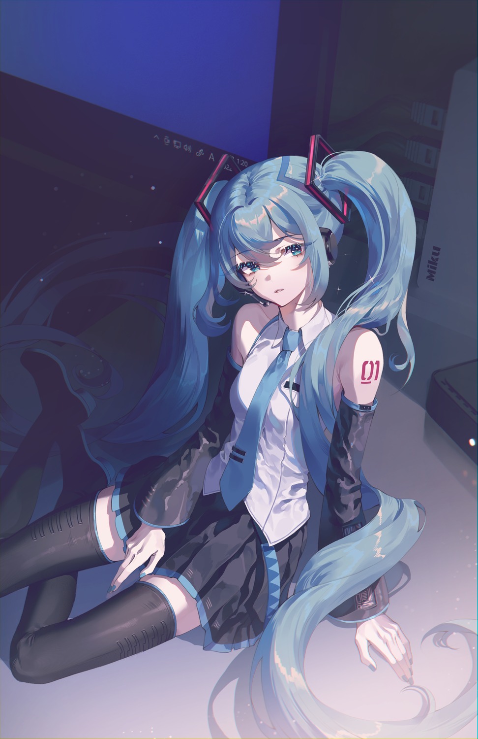 hatsune_miku headphones ramingbera tattoo thighhighs vocaloid