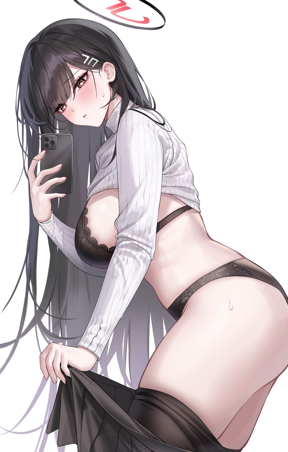 blue_archive bra halo pantsu pantyhose raki_kr selfie shirt_lift sweater tsukatsuki_rio undressing