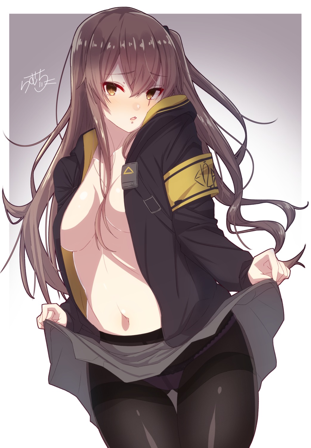 girls_frontline no_bra open_shirt pantsu pantyhose ramchi skirt_lift ump45_(girls_frontline)